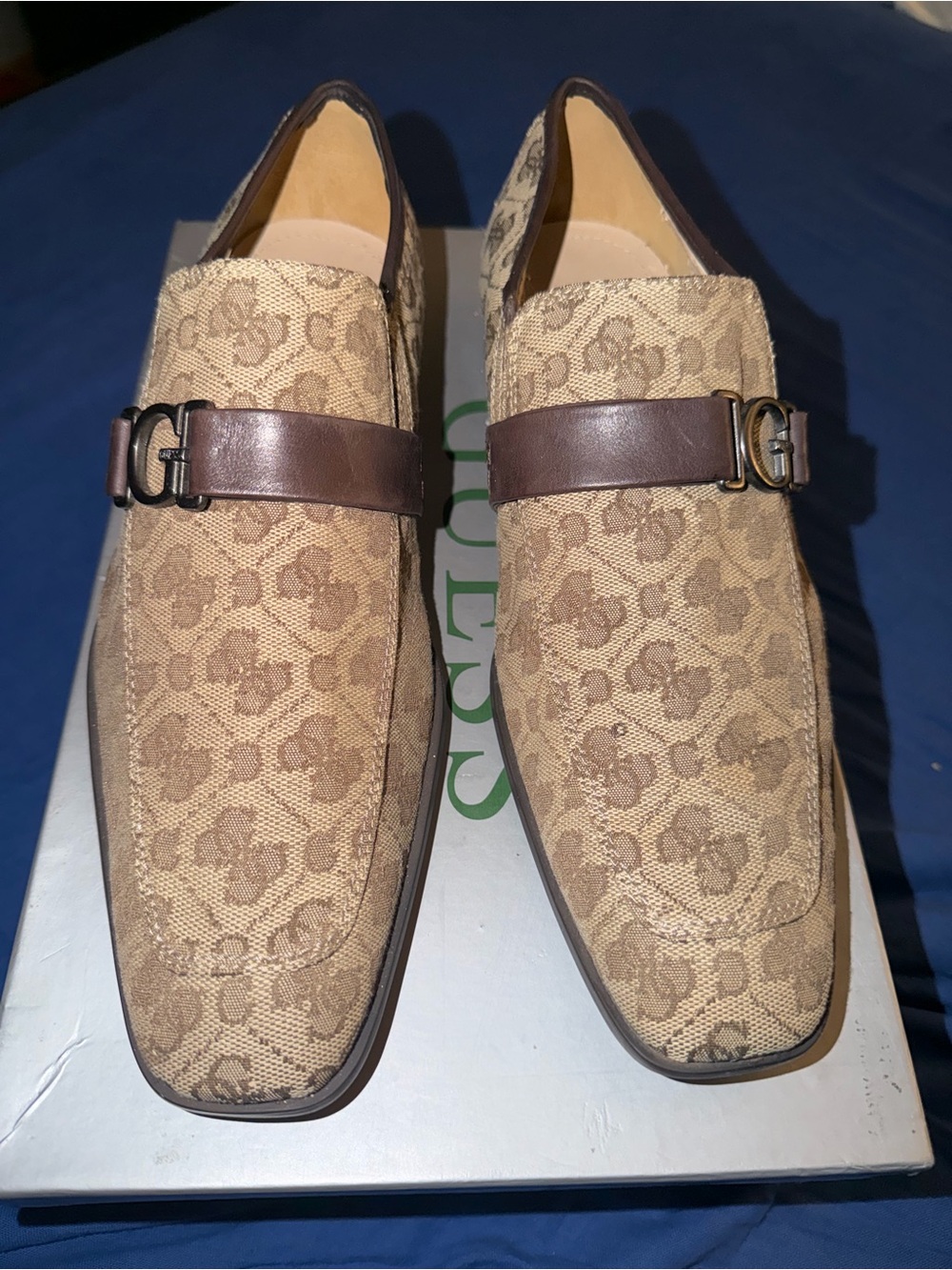 Guess by Marciano Men's Tan Monogram Slip-On Loafers with Brown Strap